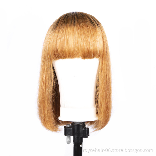 Peruvian Virgin Human Hair T1b 27 Colored Ombre Natural Blonde Short Straight Bob Wigs for Black Women with Bangs